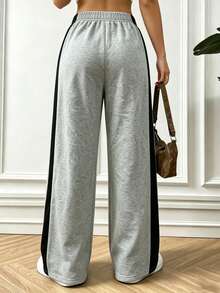 Women's Drawstring Waist Straight Leg Sports Pants - Light Grey - View 4