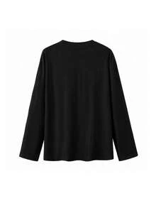 American Retro Long Sleeve Black T-Shirt For Women, Heart & Letter Print Loose Fit Base Layer Top, Casual Versatile Autumn Blouse - Black - View 7