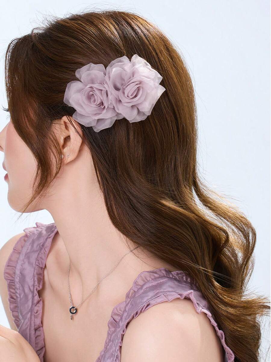 1pc Women's Solid Color Ins Style Mesh Flower Hair Comb Hair Stick Hair Accessory, Versatile For Daily/Date/Commute - Multicolor - View 1