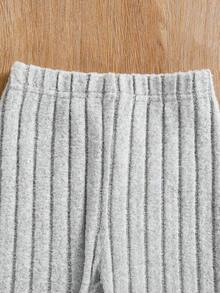 Conjunto de vestido con capucha de manga larga acanalada y leggings con bordado de dibujos animados para niña - Gris - Ver 7