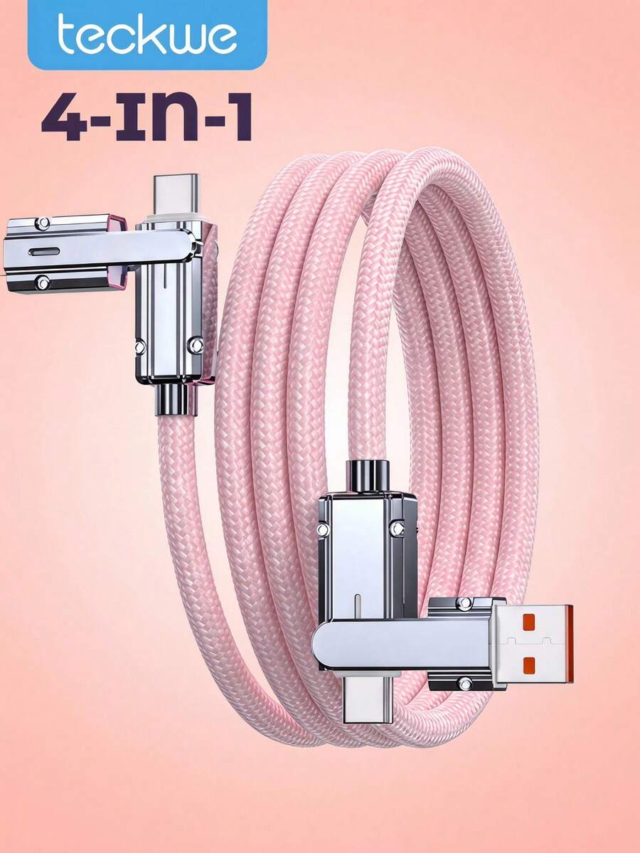 Teckwe 4合1編織多功能充電線,180°可旋轉雙Type-C USB A快充線,通用多接口充電線,適用、Android手機,旅行便攜 - 彩色 - 查看 1