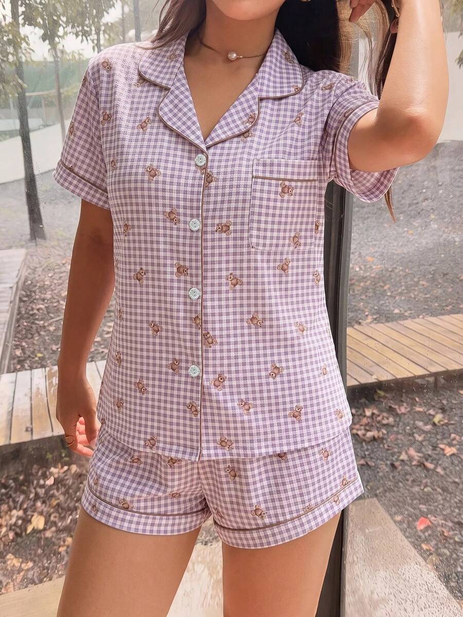 2件組舒適格紋泰迪熊印花短袖上衣與蝴蝶結短褲女款睡衣套裝,適合四季穿著 - 紫色 - 查看 1