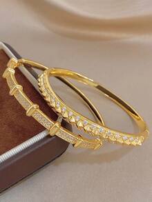 1Pc/Set Elegant Gold Plated Rectangular Shiny Zirconia Stack Bangle Bracelet Set,Gold Jewelry For Women,Daily,Party,Wedding,Valentine Gifts,Christmas - Multicolor - View 2