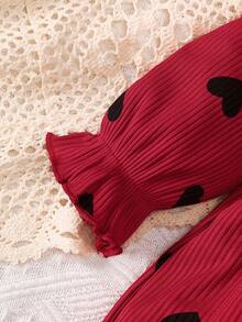 Baby Girl Heart Print Dress And Headband 2 Pieces Set, Spring/Autumn Dress - Burgundy - View 4