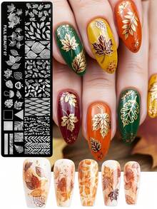 Autumn Maple Leaves Nail Art Stamping Plate With Stamper & Scrapper Leaf Mushroom Apple Pattern Designs Drawing Template For Nail Charming DIY Geometric Nails Stencil Templates Transfer Printing Mold Manicure Tools - Silver - View 4