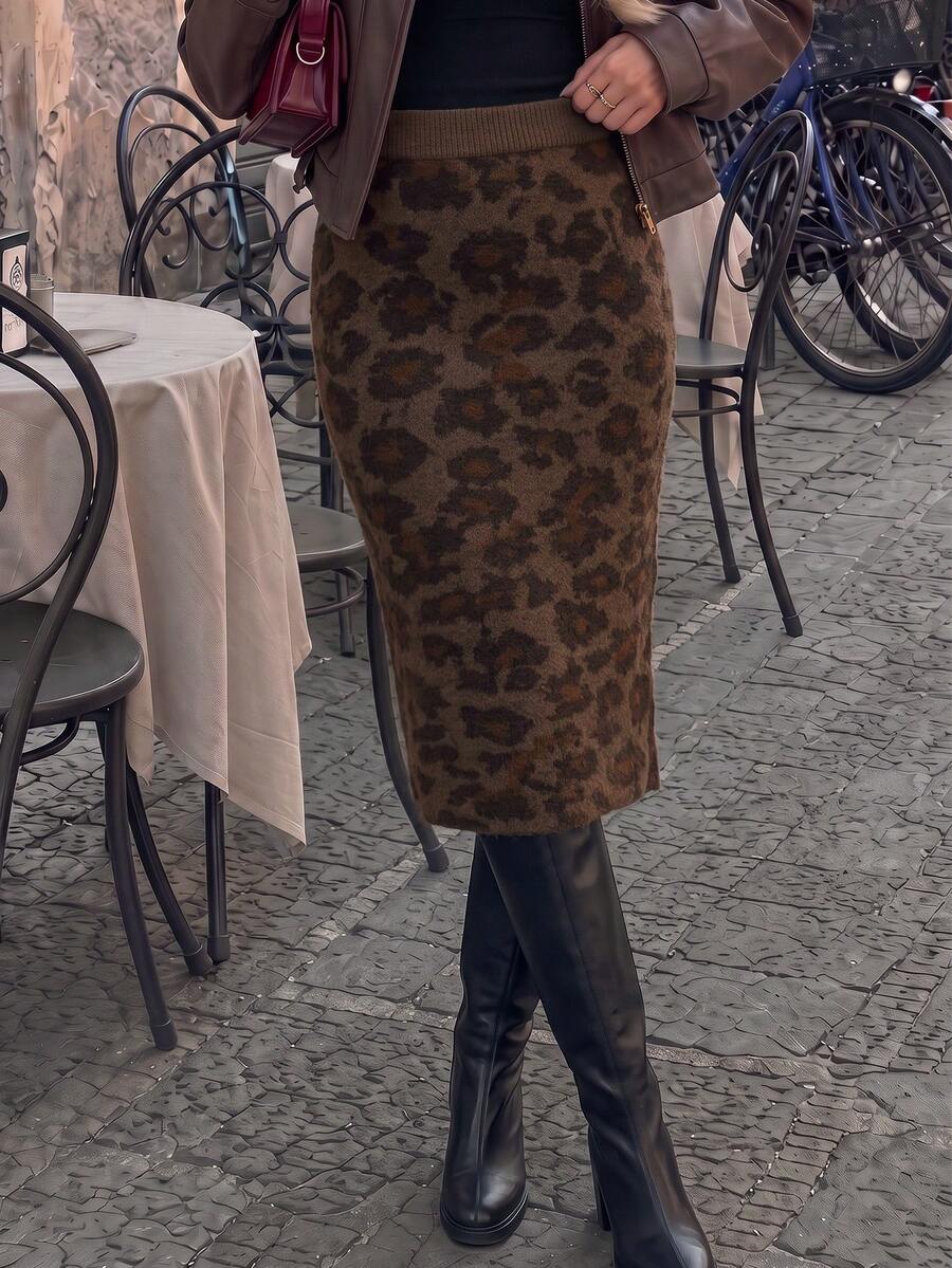 Women's Fashion Street Leopard Print Knit Midi Skirt - Brown - View 1
