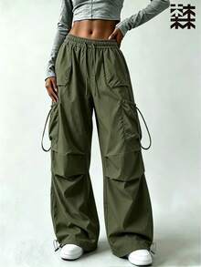 mulinsen Women's Drawstring Waist Cargo Pants, Casual Wide Leg Multi-Pocket Parachute Pants, Loose Street Style Cuffed Long Pants - Army Green - View 1