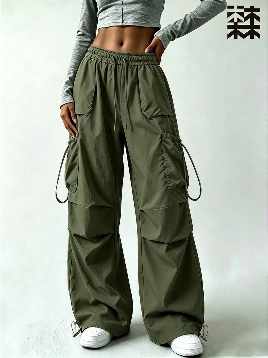 mulinsen Women's Drawstring Waist Cargo Pants, Casual Wide Leg Multi-Pocket Parachute Pants, Loose Street Style Cuffed Long Pants - Army Green - View 1