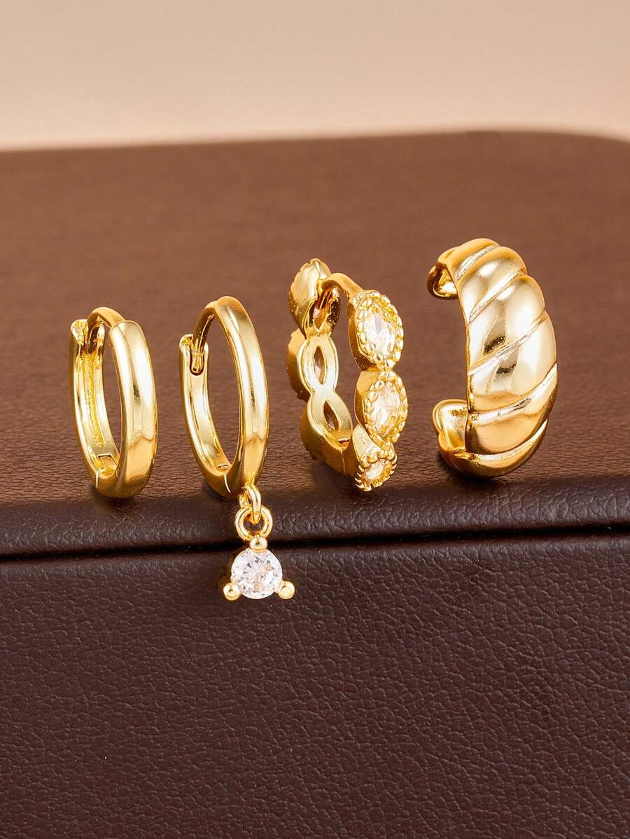 4PCS Cubic Zirconia Drop Earrings Set For Women 18K Gold Plated Texture Smooth Clip Hoop Earrings Jewelry Gift - Gold 1-4pcs - View 1