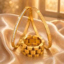 3pcs/Set Women's Luxury Gold-Plated Bracelet & Ring Set, Classic Watch Strap Texture Wide Ring With Greek Key Pattern Rhinestone Stackable Bangle, Old Money Style Elegant Accessories, Versatile For Daily Wear - Gold - View 4
