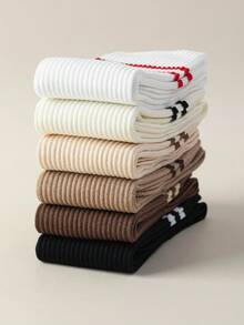 1/6 Pairs Women's Calf Socks, Solid Color Double Stripe Vertical Line Slimming Anti-Slip Knee-High Socks, Daily Wear - Multicolor - View 4