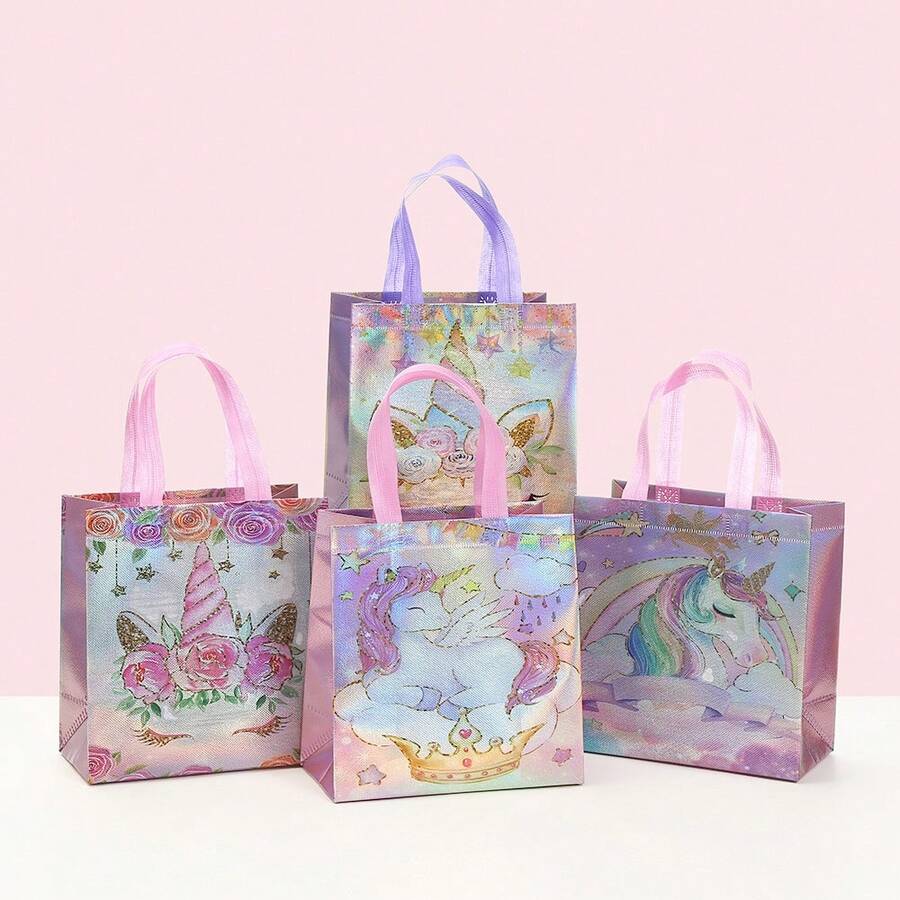 CARRIECUR Holographic Rainbow Unicorn Non-Woven Gift Tote Bags, 4 ...