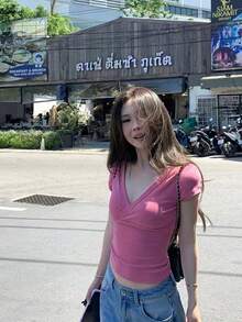 Women's Elastic Fitted V-Neck Short Sleeve T-Shirt Casual Top Summer Pink - Pink - View 3