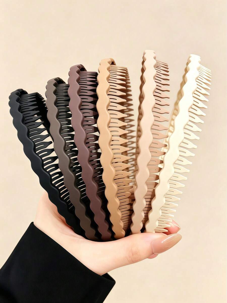6入女款磨砂波浪齒髮箍,防滑純色髮飾,日常簡約髮型裝飾 - 彩色 - 查看 1