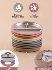 PopLittleOne 1 pièce Assiette à ventouse en silicone et acier inoxydable antidérapante pour l'alimentation autonome du bébé, vaisselle de sevrage pour bébé, articles essentiels quotidiens pour les repas des nourrissons - Multicolore - Voir 9