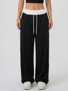 Never me Women's Sporty Wide-Waist Straight-Leg Sweatpants, Soft Drape, Casual Outdoor Training Trousers - Black - View 4