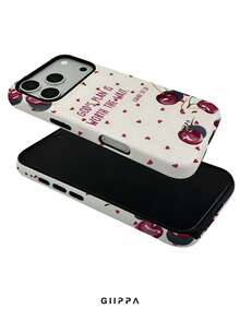GIIPPA 1 pieza Funda de teléfono con fondo color albaricoque con pequeños corazones, cerezas y diseño de eslogan en inglés, compatible con Phone 17 Pro Max, Phone 16 Pro Max, 15 Pro Max, 14 Pro Max, estilo coreano de moda de alta gama y divertida, compatible con 11/12/13/14/15/16 Pro Max Plus, diseño elegante adecuado para hombres y mujeres, ¡regalo perfecto para la novia en Navidad, Día de San Valentín, Pascua, temporada de bodas y cumpleaños! - Multicolor - Ver 4