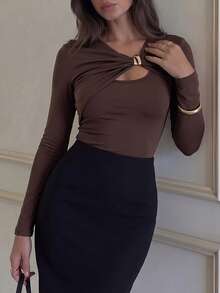 Women's Knitted Long Sleeve Top, Keyhole Neckline, Gold Button Decoration, Medium Stretch, Regular Fit - Brown - View 2