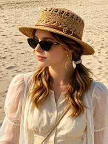 1 pieza Gorro de punto para mujer, fibra de poliéster casual, nuevo unicolor, ligero, delgado, cómodo, a prueba de viento, con diseño calado, elegante, cobertura de la línea del cabello, versátil, transpirable, protección solar, absorción de sudor, adecuado para uso diario al aire libre en verano - MZ3575 - Ver 9