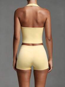 Women's 2 Pieces Athletic Casual Set, Halter V-Neck Backless Cropped Tank Top, Elastic Basic Leggings & Sports Shorts, Suitable For Yoga, Training, Gym, Daily Wear - Light Yellow - View 2