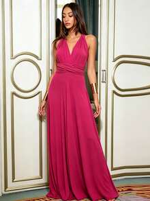 Versatile Solid Color Long Bridesmaid Dress, Twisted Waist A-Line Formal Wedding Party Evening Gown - Hot Pink - View 2