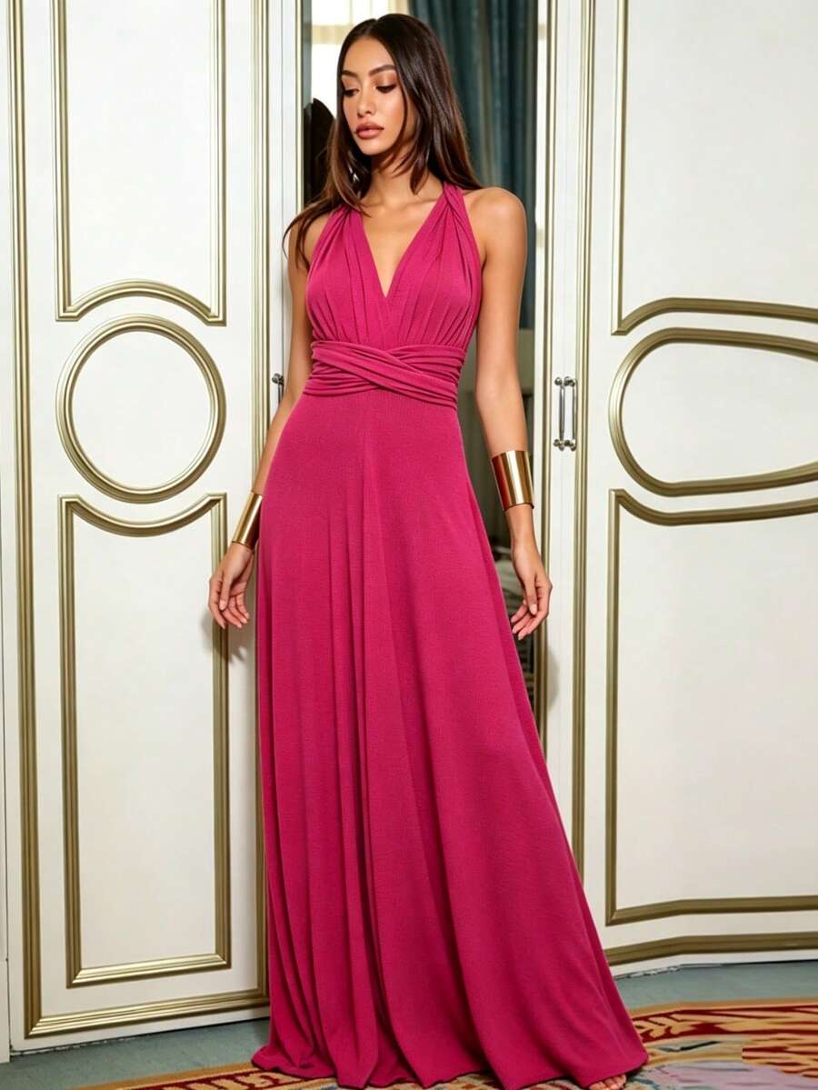 Versatile Solid Color Long Bridesmaid Dress, Twisted Waist A-Line Formal Wedding Party Evening Gown
