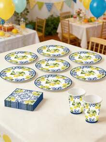 Set Perlengkapan Pesta Tema Lemon 10/50pcs - Dekorasi Pesta Tema Lemon, Termasuk Piring Bermotif Lemon Kuning, Piring Kertas 7 Inch/9 Inch, Serbet, Gelas Kertas 9oz, Peralatan Makan Pesta Sekali Pakai Dekorasi Buah Lemon Musim Panas (10 Porsi) - MultiWarna - View 8