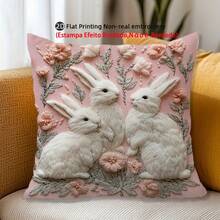 1pc Rabbit & Floral Print Pillow Cover, Non-Embroidered 2D Printed Plush-Like Single-Sided Cushion Cover With Zipper Closure, No Pillow Insert, Machine Washable, Cute Style For Easter Home Decor, Suitable For Sofa, Bed, Living Room - Pink - View 1