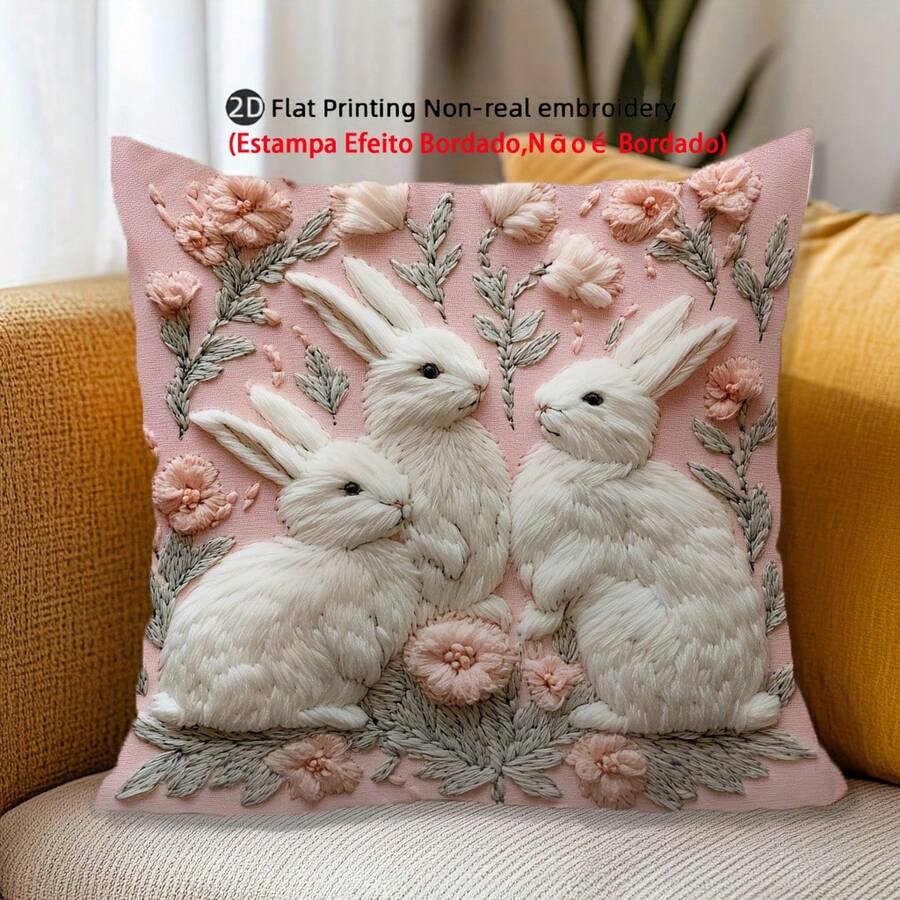 1pc Rabbit & Floral Print Pillow Cover, Non-Embroidered 2D Printed Plush-Like Single-Sided Cushion Cover With Zipper Closure, No Pillow Insert, Machine Washable, Cute Style For Easter Home Decor, Suitable For Sofa, Bed, Living Room - Pink - View 1