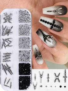 12-Grid Gothic Style Nail Art Decoration Set, Vintage Silver Cross And Scissor Metal Nail Studs, Mixed Size Black Round Rhinestones And Silver Micro Caviar Beads, Punk Dark Y2K 3D Nail Art Decor, Suitable For Nail Salon And Home DIY Nail Accessories, Nail Supplies - Multicolor - View 1