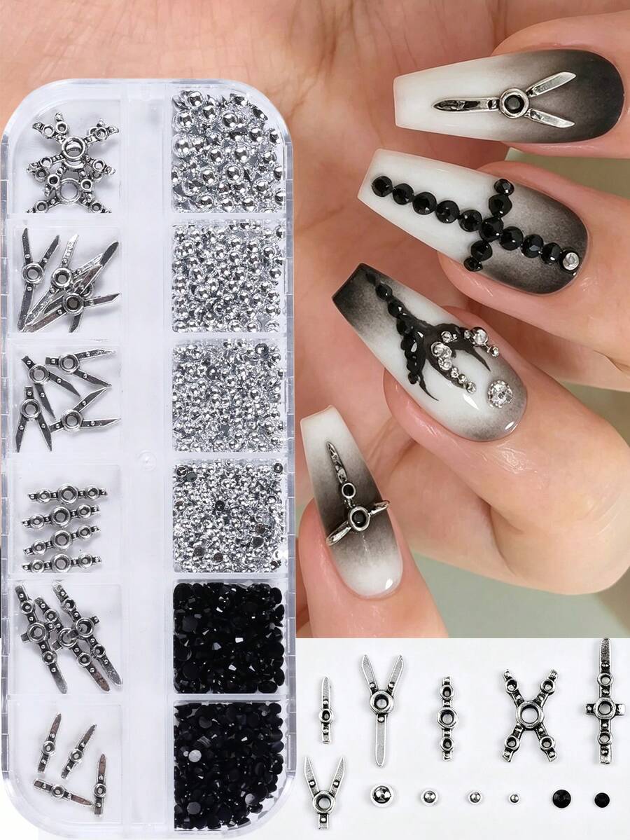 12-Grid Gothic Style Nail Art Decoration Set, Vintage Silver Cross And Scissor Metal Nail Studs, Mixed Size Black Round Rhinestones And Silver Micro Caviar Beads, Punk Dark Y2K 3D Nail Art Decor, Suitable For Nail Salon And Home DIY Nail Accessories, Nail Supplies - Multicolor - View 1