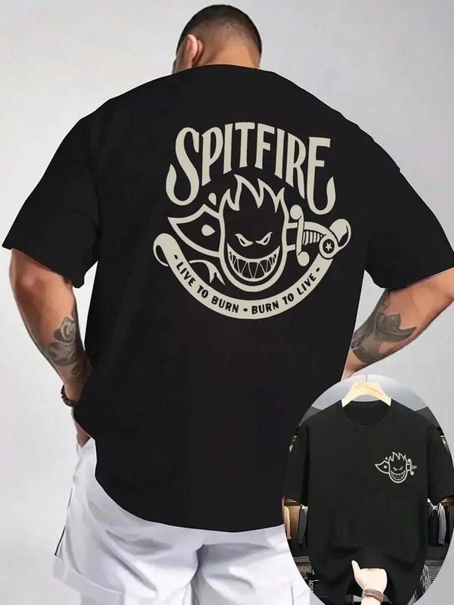 Camiseta de algodón 100% clásica con estampado "SPITFIRE Burns To Live" para hombre y mujer, manga corta holgada, uso diario, deportes, fiesta y casual, verano y otoño - Negro - Ver 1