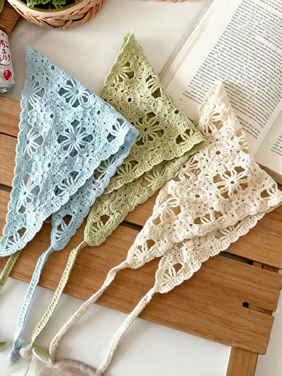 1件女款新款鏤空花朵三角巾髮帶,法式鄉村風花卉針織蕾絲三角巾綁帶髮箍,也可搭配衣著 - 多色 - 查看 1