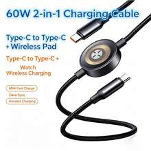Kabel Multi-Charging 2-in-1 dengan Jalinan, Kabel Pengisian Cepat Tipe-C dengan Pengisi Daya Jam Tangan Magnetik Terintegrasi, Kompatibel dengan iPhone 15-17 dan Ponsel Galaxy S21 hingga S26 - Hitam - View 1