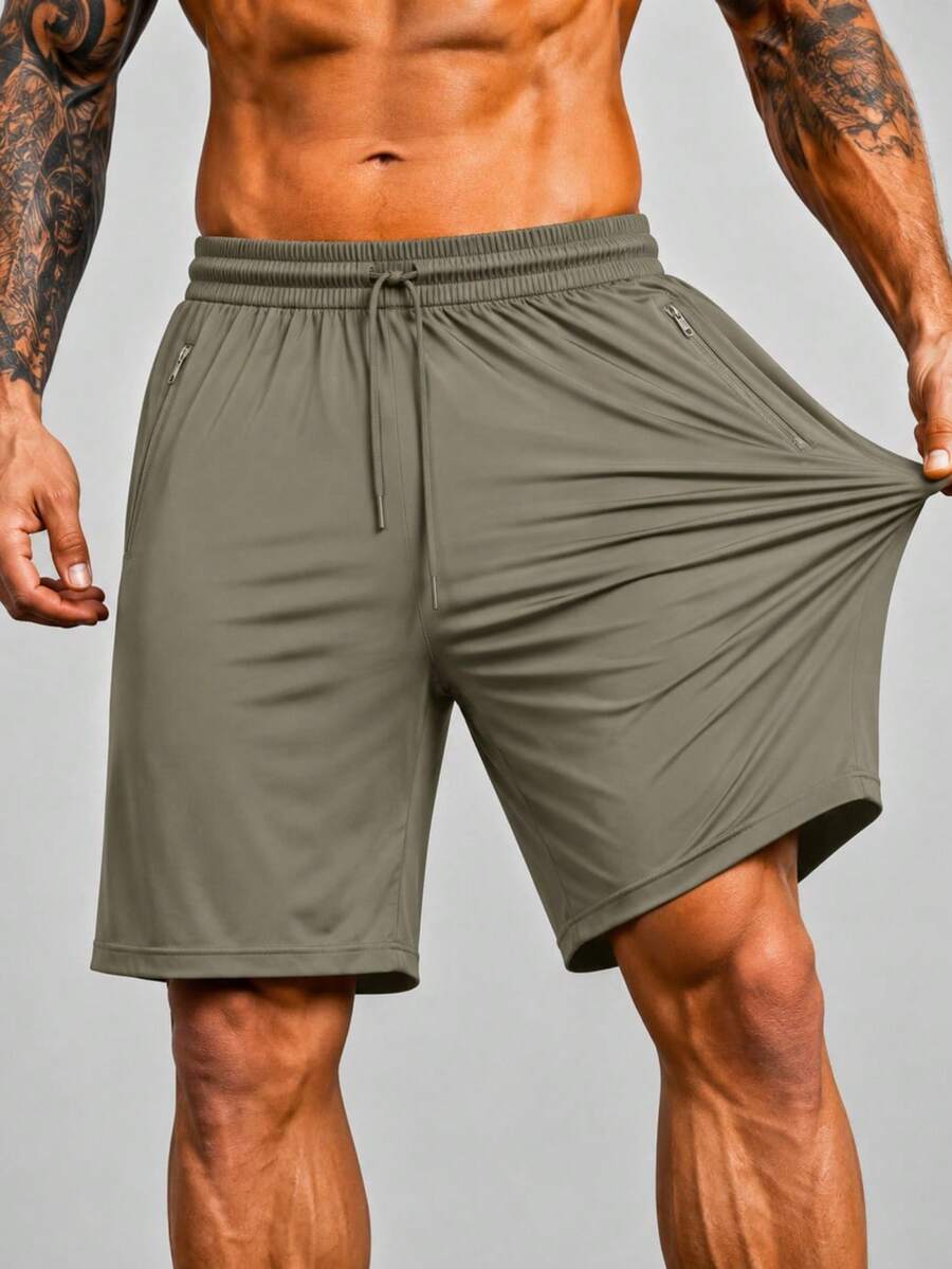 Men's Bermuda Shorts With Zipper, Gym, Sports, Beach, Breathable & Lightweight Polyamide - Olive Green - View 1