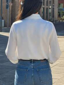Elegant Solid-Color Long-Sleeve Shirt For Women Featuring A Cut-Out Design; Suitable For Daily Wear, Commuting, Dates, And Casual Outings. - White - View 2