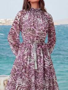 Faeriesty Vintage Romantic Women's Long Sleeve Bell Sleeve Chiffon Dress, Ruched Stand Collar, Eye-Catching Purple Leopard Print Wedding Vacation Party Fall - Purple - View 3