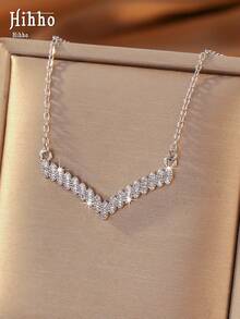 Hihho 1pc French Minimalist Full Zirconia V-Shaped Pendant Necklace, Delicate Chain Design, Elegant Daily Gift Jewelry - V-shaped Full Zirconia - View 8