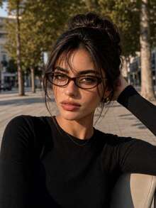 1pc Vintage Narrow Frame Cat Eye Glasses Minimalist Plain Lens Black Frame No-Makeup Look Fashion Accessory Suitable For Daily, Casual Wear And Office Scenes - Tea Brown - View 1
