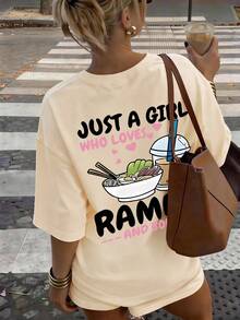 This Rose Red Casual Crew Neck T-Shirt Is Designed For Girls And Features A Creative Ramen Letter Pattern, Making It A Perfect Choice For Every Little Girl's Wardrobe. - Apricot - View 1