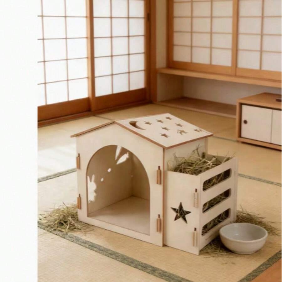 中型兔子城堡,木製兔子屋與乾草餵食器,可拆卸兔子躲藏處,室內倉鼠城堡,小動物屋與棲息地,適合小兔子、雪貂及其他小動物(1座屋含餵食器) - A - 查看 1