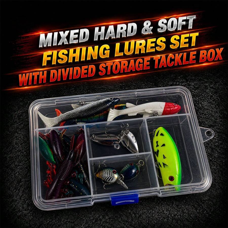 Mixed Hard Soft Fishing Lures Tackle Box Kit, Contains Minnow Popper Crankbait Metal Spoon Crawfish Soft Baits, Realistic 3D Painting With Sharp Treble Hooks, Divided Clear Storage Box For Bass Trout Fresh Saltwater Angling Gear - Multicolor - View 1