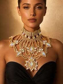 Collar de declaración de lujo personalizado con strass exagerado, joyería nupcial para boda - Dorado - Ver 2