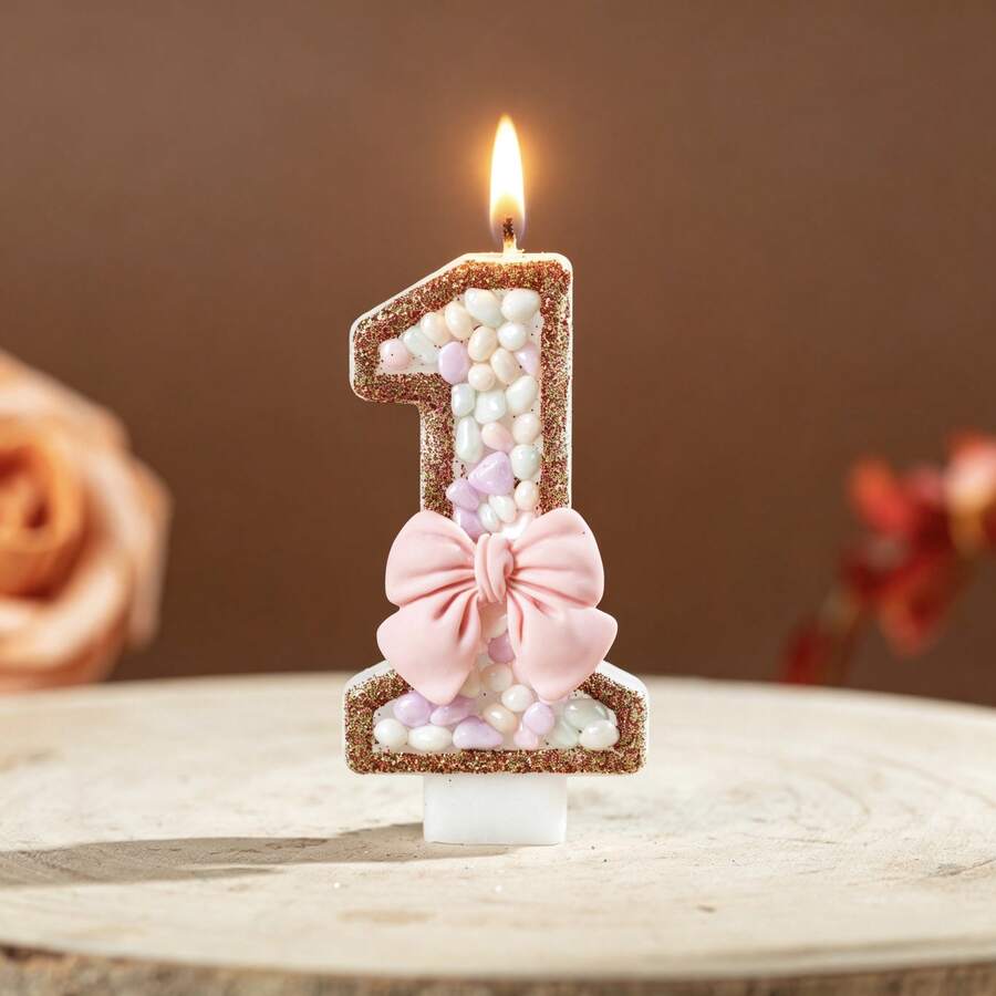 1件裝生日蠟燭 柔和糖果珠粉色蝴蝶結數字0-9蠟燭,金色亮粉邊框蛋糕裝飾蠟燭,生日派對甜點桌裝飾 - 粉紅色 - 查看 1