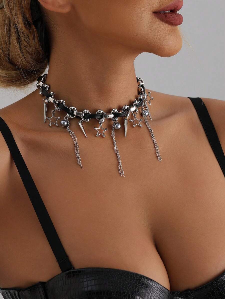 1pc Exquisite Heavy Metal Punk Gothic Style Pentagram Tassel Leather Rope Collarbone Necklace, Sweet & Cool Hort Girl Style, Suitable For Party, Matching With Best Friends, Gift