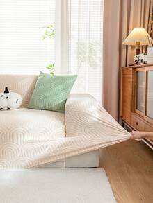 1pc Geometric Line Jacquard Fleece Sofa Cover, Minimalist Elastic One-Piece Sofa Slipcover, Pet-Friendly Anti-Slip Anti-Dirt, Machine Washable, Full Coverage Sofa Protector For All Seasons, Includes 45*45cm Pillowcase - Beige - View 9