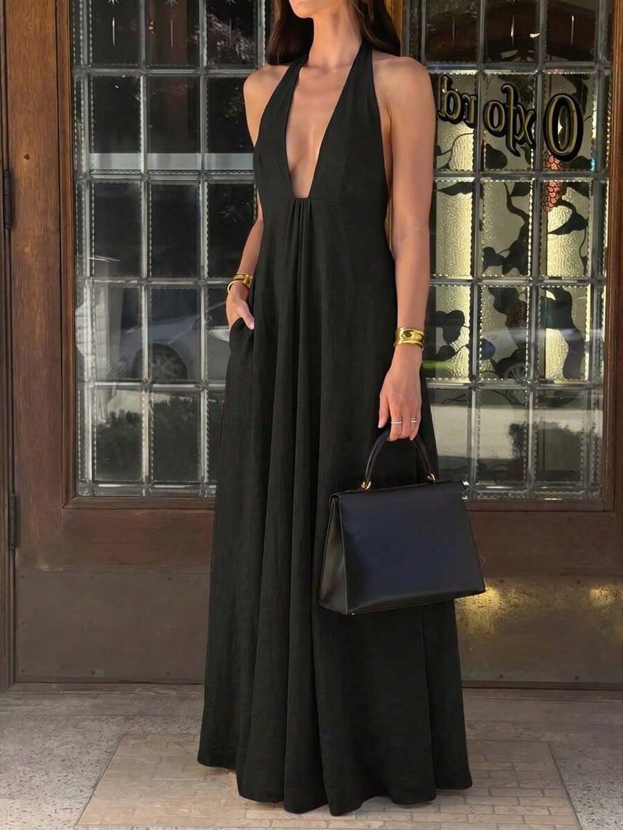 Gaun Maxi Wanita Model Halter Warna Kopi untuk Musim Gugur, Gaun Linen Model A dengan Ikatan di Bagian Belakang V Dalam, Cocok untuk Kembali ke Sekolah, Liburan, Ulang Tahun, dan Acara Keluar Rumah - Hitam - View 1