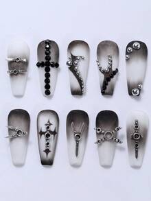 12-Grid Gothic Style Nail Art Decoration Set, Vintage Silver Cross And Scissor Metal Nail Studs, Mixed Size Black Round Rhinestones And Silver Micro Caviar Beads, Punk Dark Y2K 3D Nail Art Decor, Suitable For Nail Salon And Home DIY Nail Accessories, Nail Supplies - Multicolor - View 4