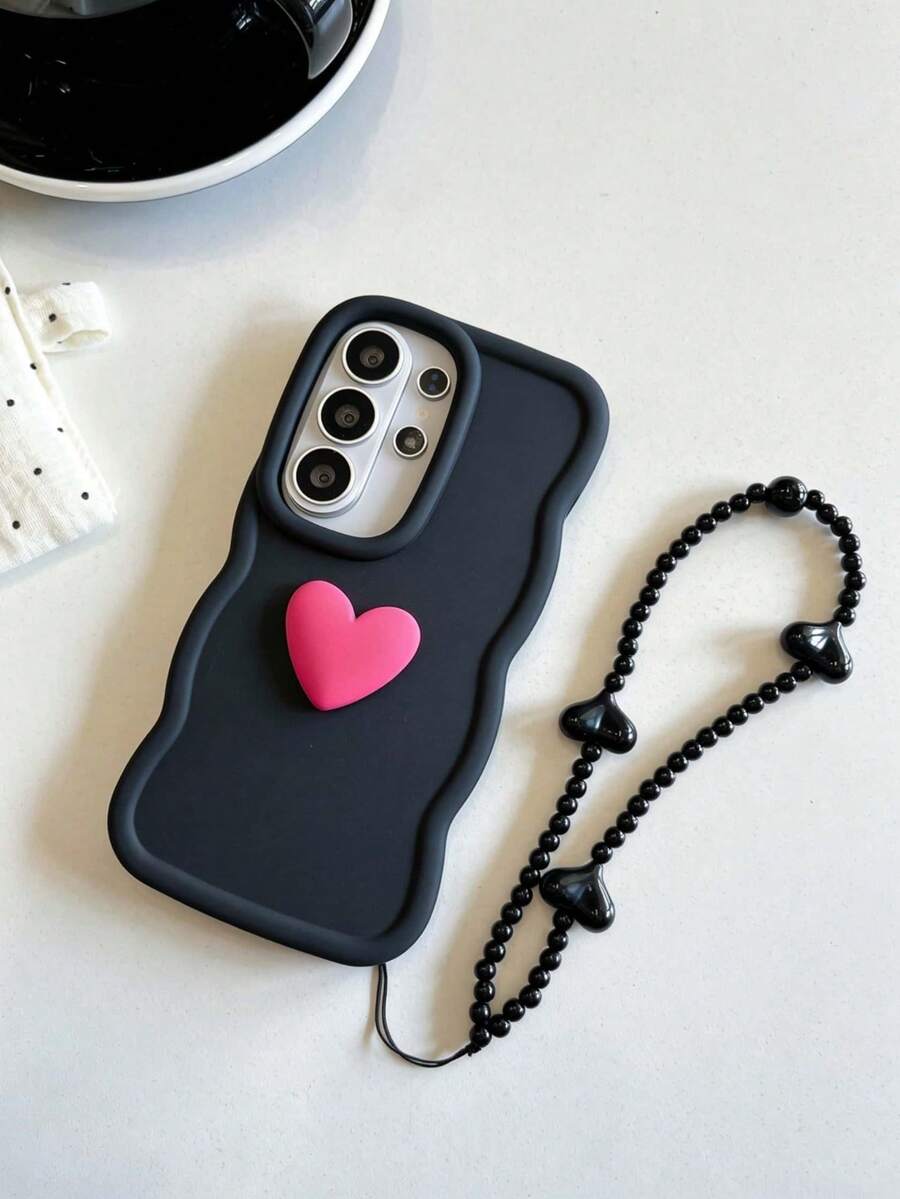 1pc Y2K Style Black Cat Ear Wavy Edge Shockproof Phone Case, With 3D Heart And Contrast Color Chain, Shockproof Anti-Slip Scratch-Resistant, Compatible With OPPO Series, Series, S26, S25, S24-20 Note 14 Note13 Series | International Version, Not Local Version | Birthday & Festival Gift | Perfect Mother's Day Present.