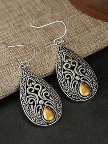 Gmzalx Vintage Dual-Tone Water Drop Hollow Earrings With Curly Grass Engraved Texture, Suitable For Daily Commute, Casual Travel, Party Multi-Function Accessory - Two-color - View 4